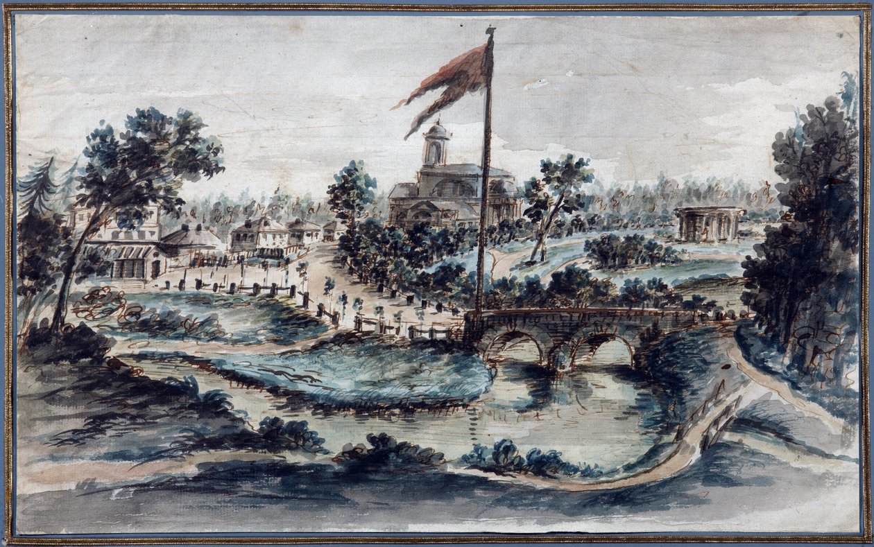 Utsikt over Pavlovsk-parken med Hospital of St Mary Magdalene, ca. 1783 (wc på papir) av Domenico Felice Lamoni