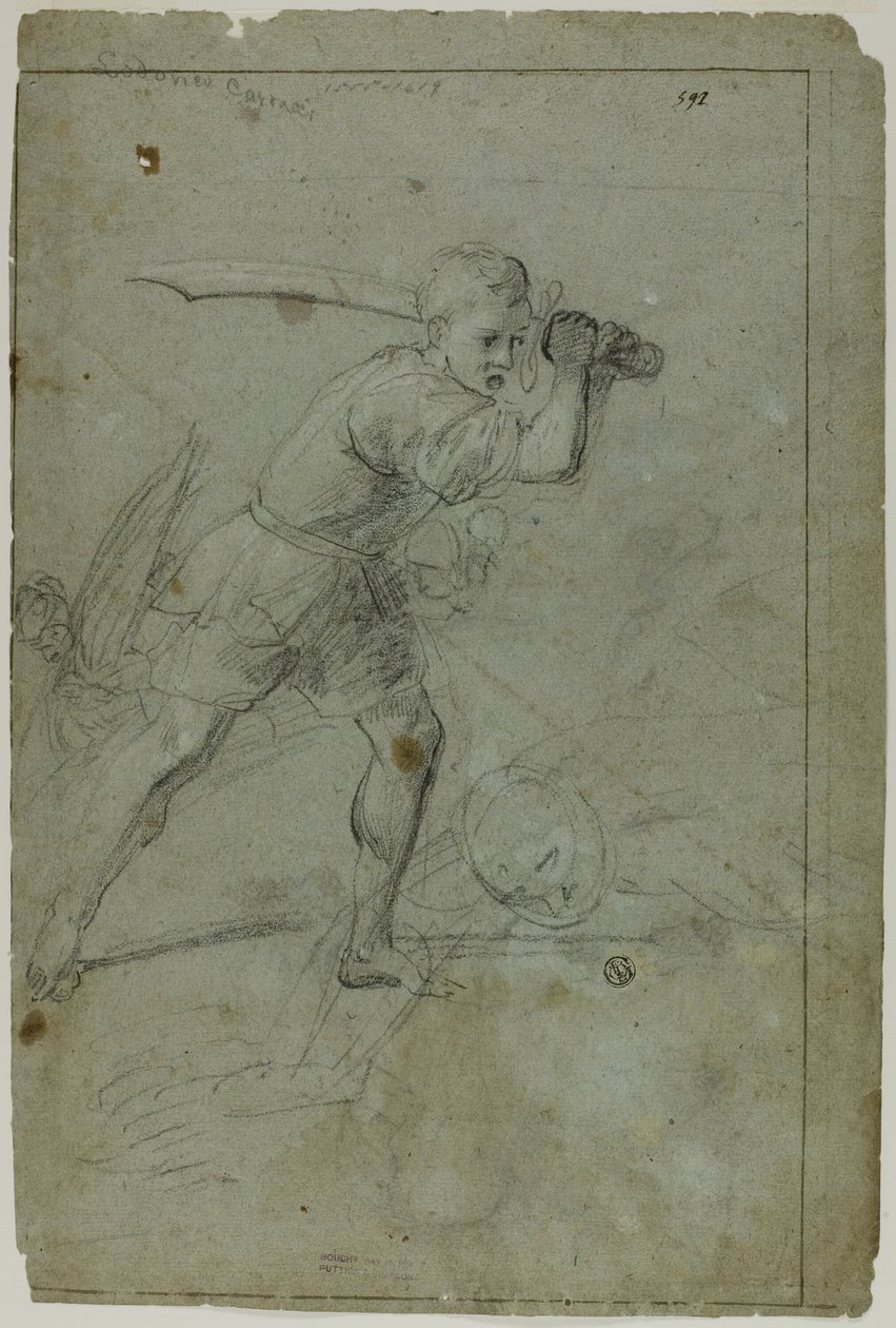David halshugger Goliat (rekto); Skisse av drapert kvinnefigur med høyre arm hevet over hodet (verso) av Domenico Fiasella