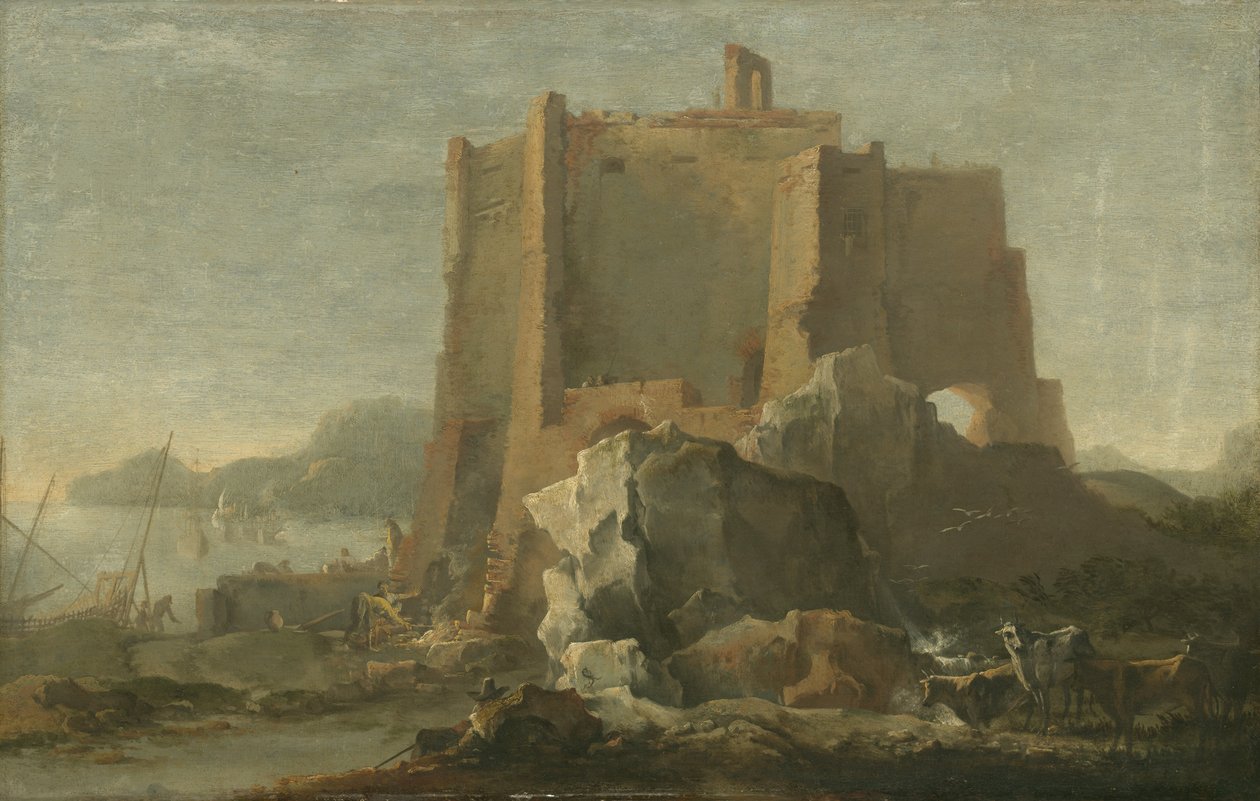 Landskap med stein og festning, ca.1640-50 av Domenico Gargiulo