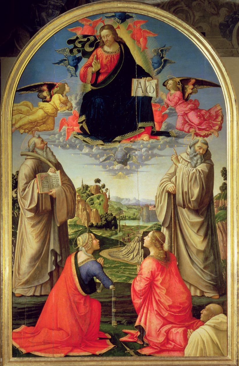 Kristus i herlighet med St. Benedikt (ca. 480-547), St. Romuald (ca. 952-1027), St. Attinia, St. Grecinia og giveren, abbed Buonvicini, 1492 (panel) (for detaljer se 85138) av Domenico Ghirlandaio