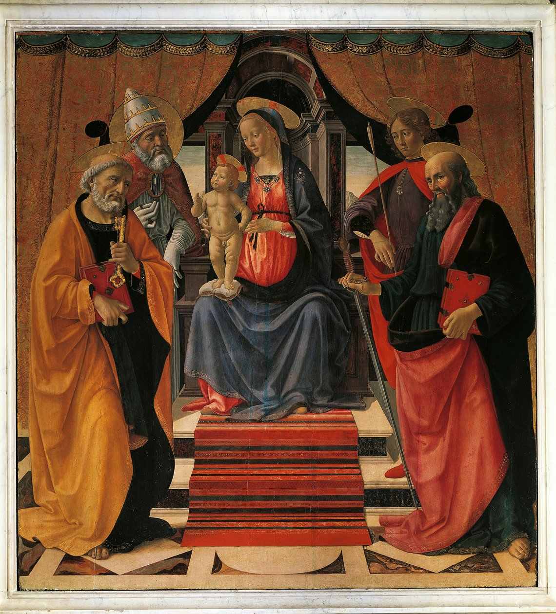 Hellig samtale. Jomfru Maria og Jesus Kristus omgitt av St. Peter, St. Paul, St. Sebastian og Pave St. Clement (maleri av Domenico Ghirlandaio