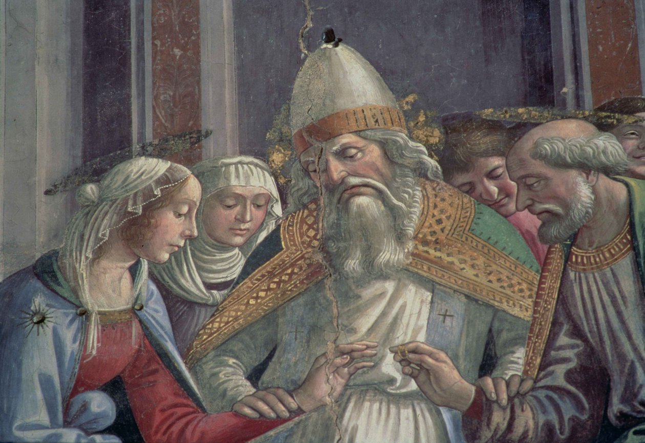 Å motta ringen, fra Jomfruens ekteskap av Domenico Ghirlandaio