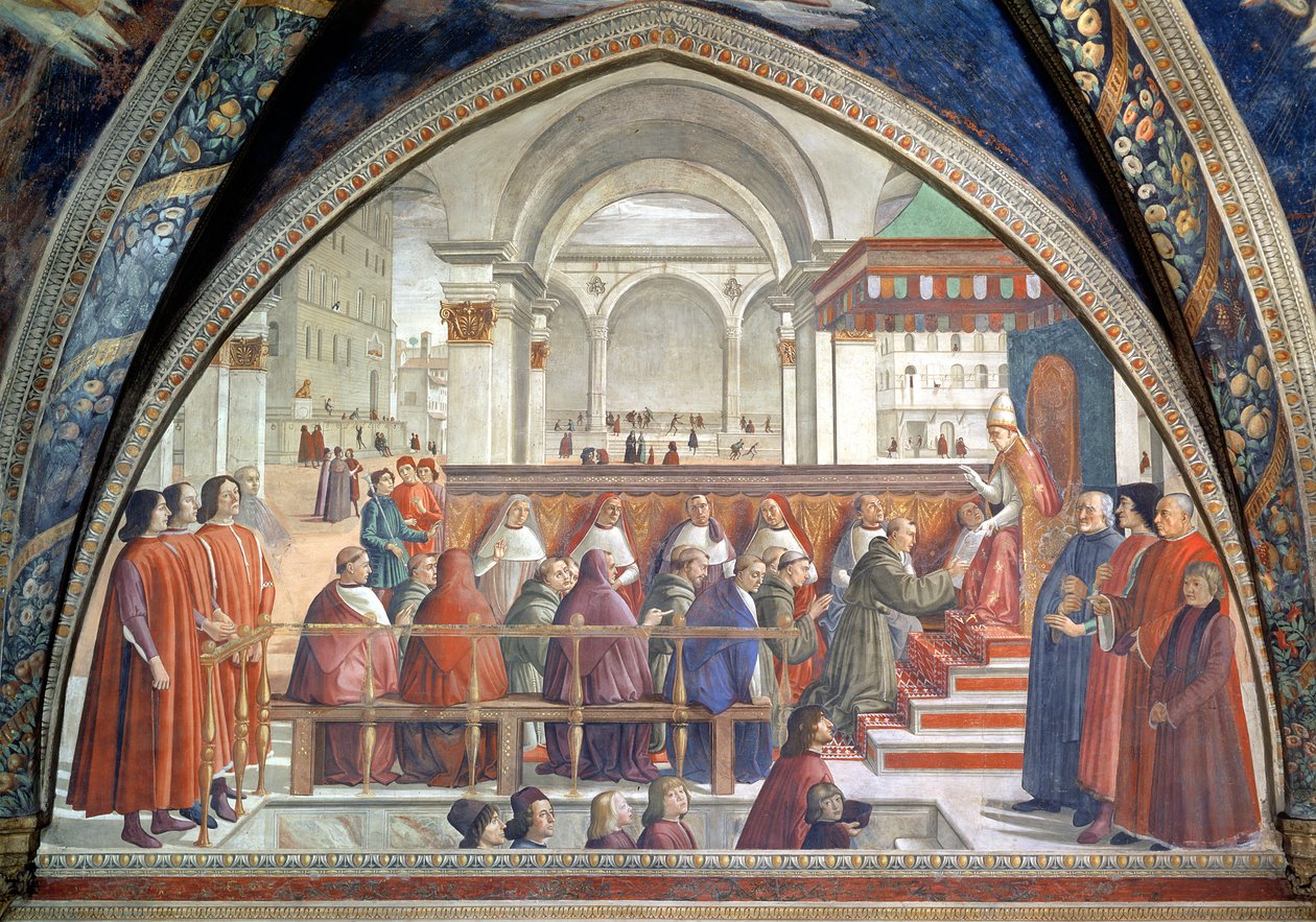 St. Frans som mottar Ordensregelen fra pave Honorius, scene fra en syklus av livet til St. Frans av Assisi, 1486 (se også 52660 og 176888) av Domenico Ghirlandaio