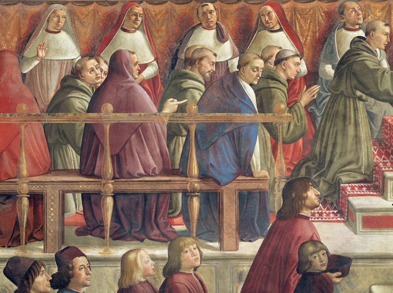 Ordenens godkjenning av pave Honorius III, scene fra livet til St. Frans av Assisi (detalj av 85235) av Domenico Ghirlandaio