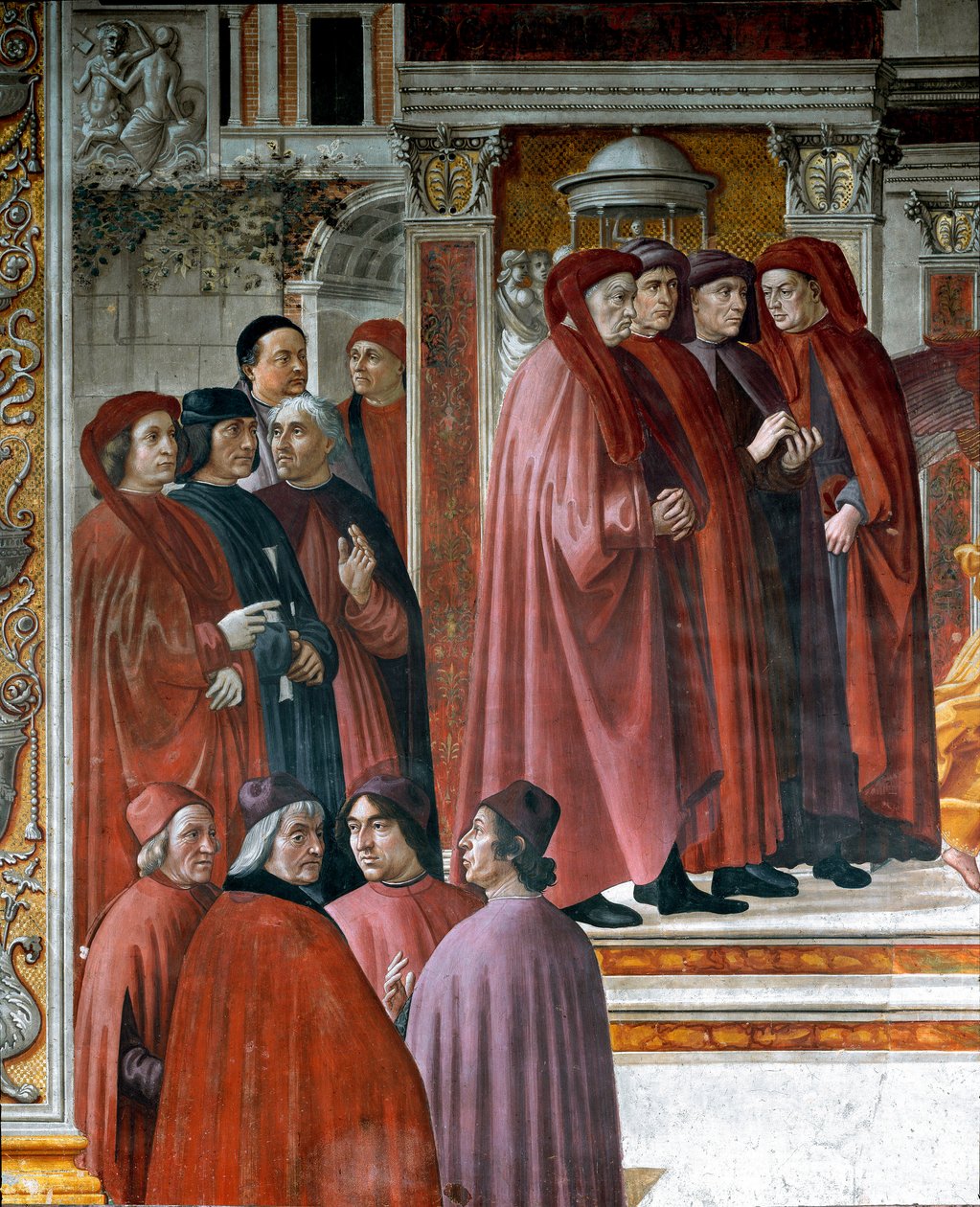 Kunngjøringen gjort i Zachariah (Zaccharia) Nedenfor til venstre er tenkere og intellektuelle Marsile Ficin (Ficino), Cristoforo Landino, Angelo Poliziano og Demetrios Chalkondyles (Calcondila). Detalj. Fresco av Domenico di Tommaso Bigordi dit Ghirlandaio av Domenico Ghirlandaio