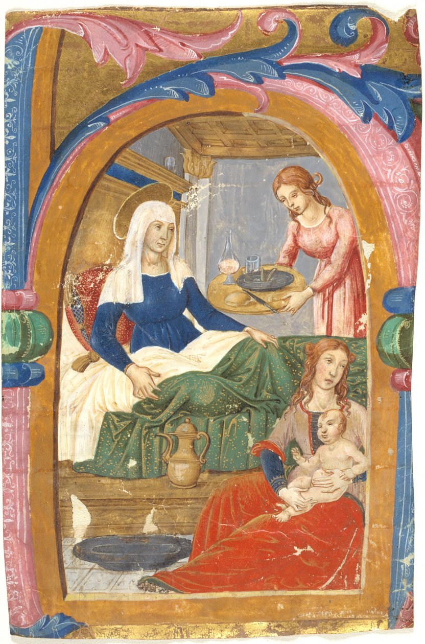Jomfruens fødsel i en innledende H av Domenico Ghirlandaio