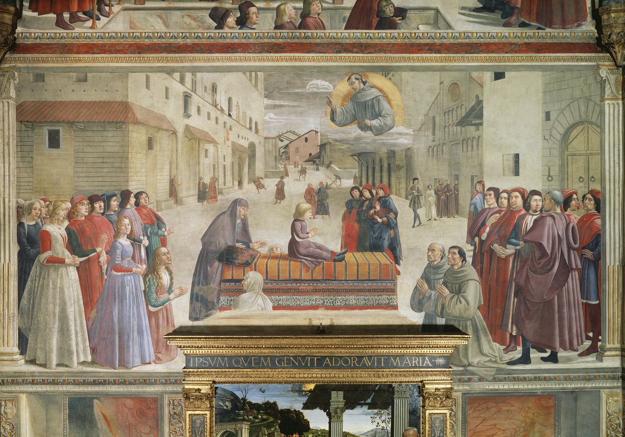 Guttens mirakel brakte tilbake til livet, scene fra en syklus av livet til St. Frans av Assisi, 1486 freskomaleri av 52660 av Domenico Ghirlandaio