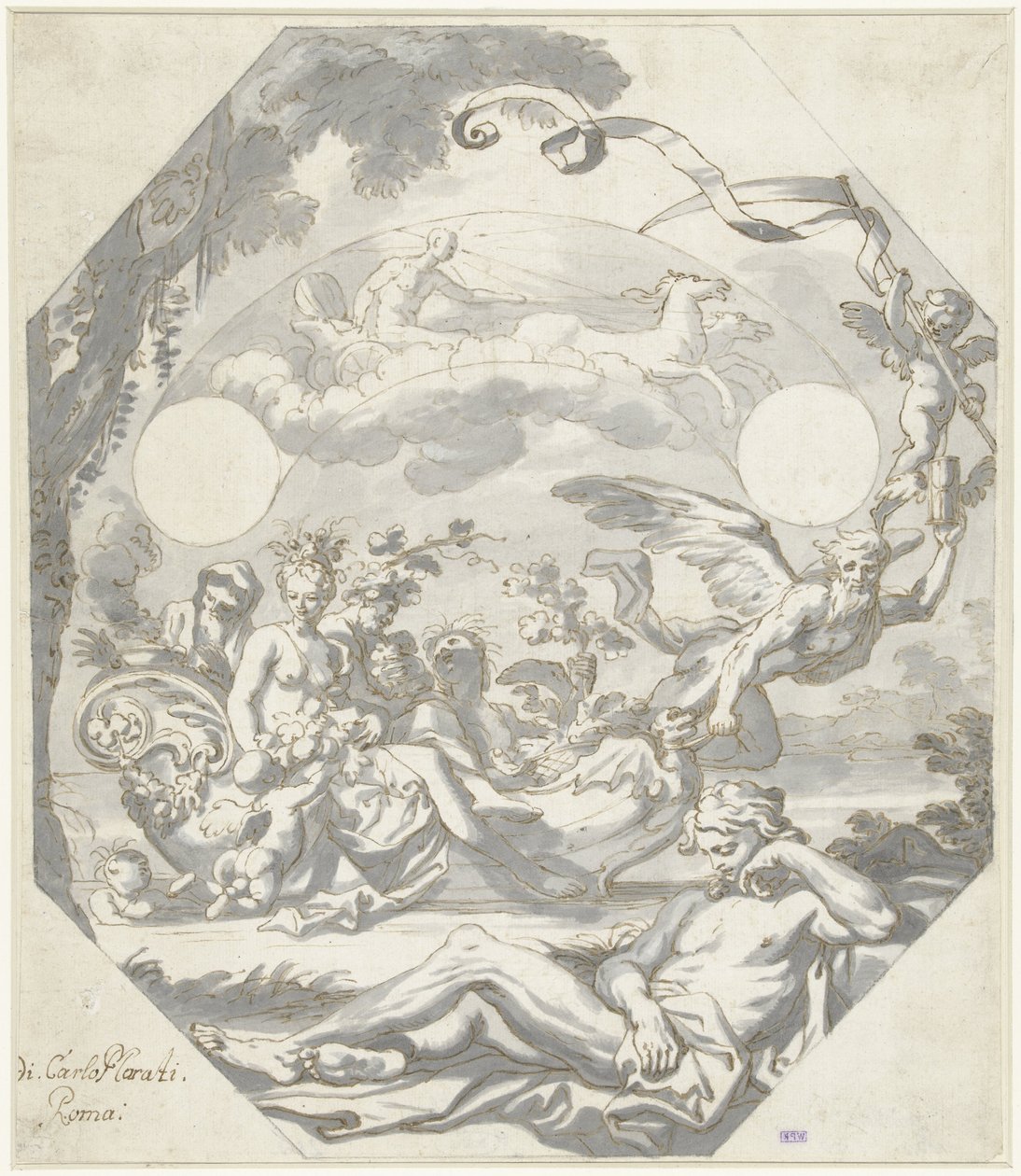 Design for en urskive med en mytologisk allegori av Domenico I Piola (attributed to)