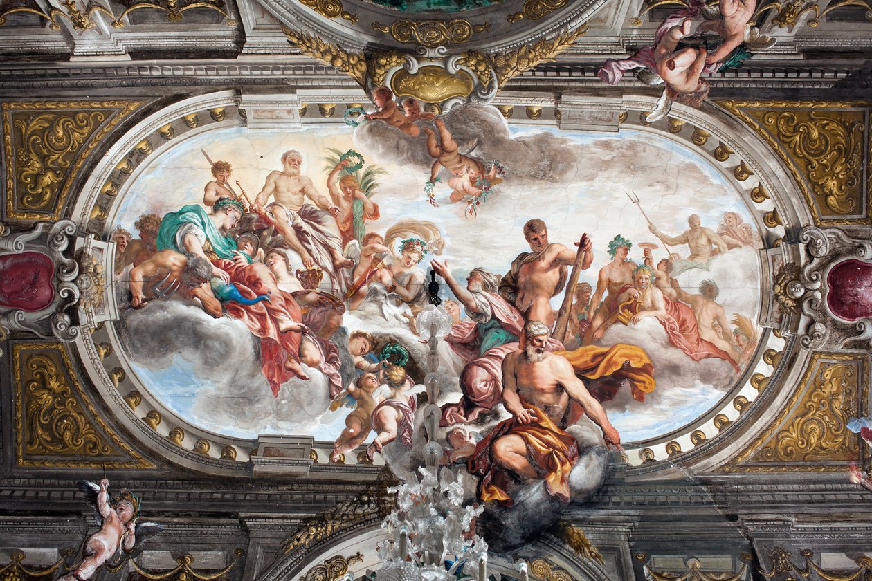Tilbudet til Jupiter om nøklene til Janus-tempelet (eller fredsallegorien), taket på det adelige gulvet, ca. 1665 (fresco) av Domenico I Piola