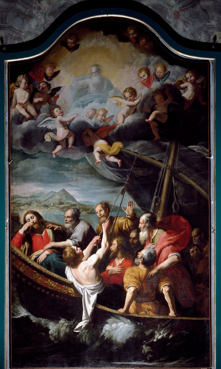 Saint Nicholas demper stormen. Maleri av Domenico Fiasella dit il Sarzana (1589-1669) Sestri Ponente, kirken Santa Maria dell