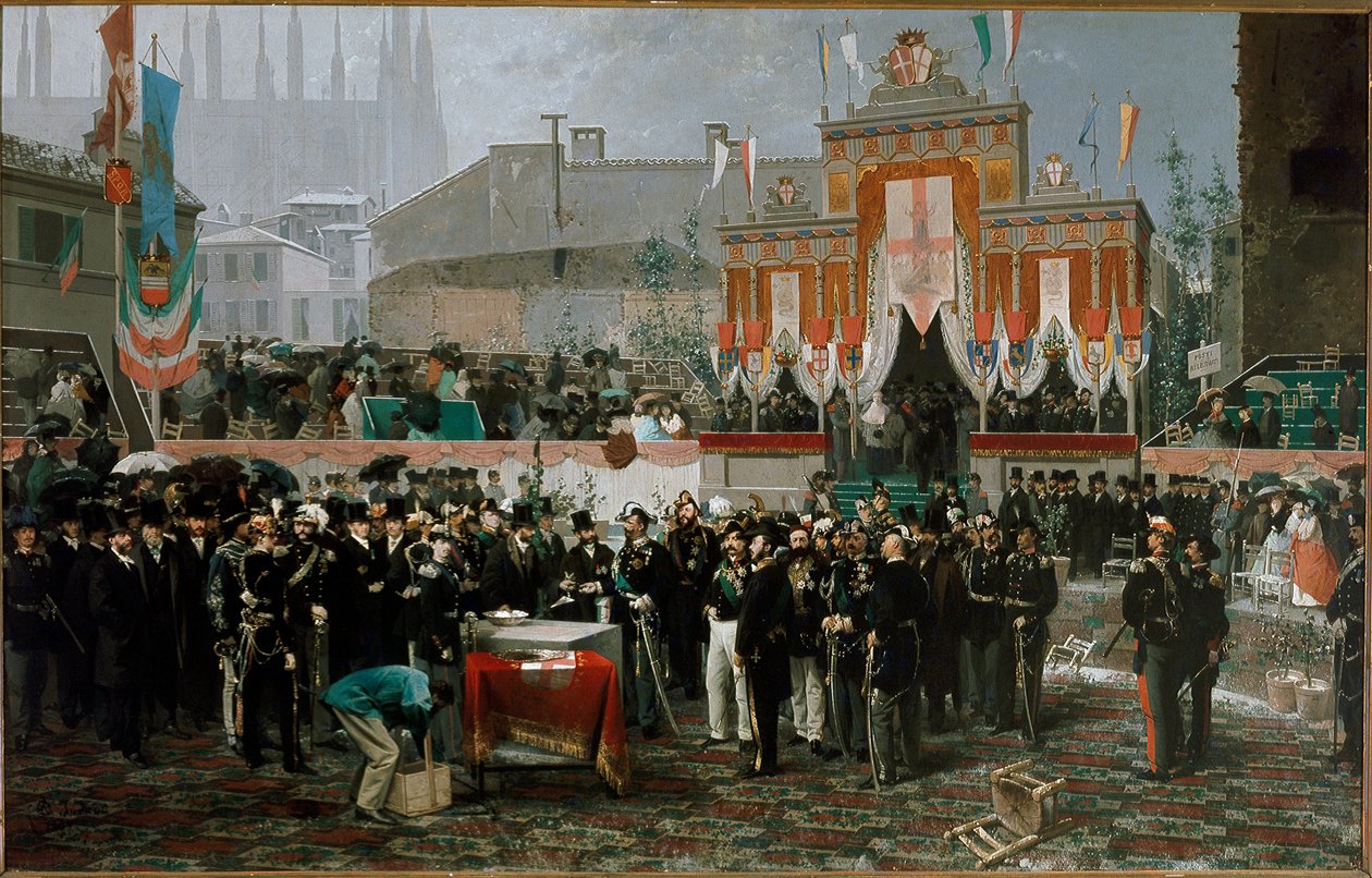Seremoni for hjørnesteinen til Vittorio Emanuele II-galleriet 7. mars 1865 (olje på tre av Domenico Induno