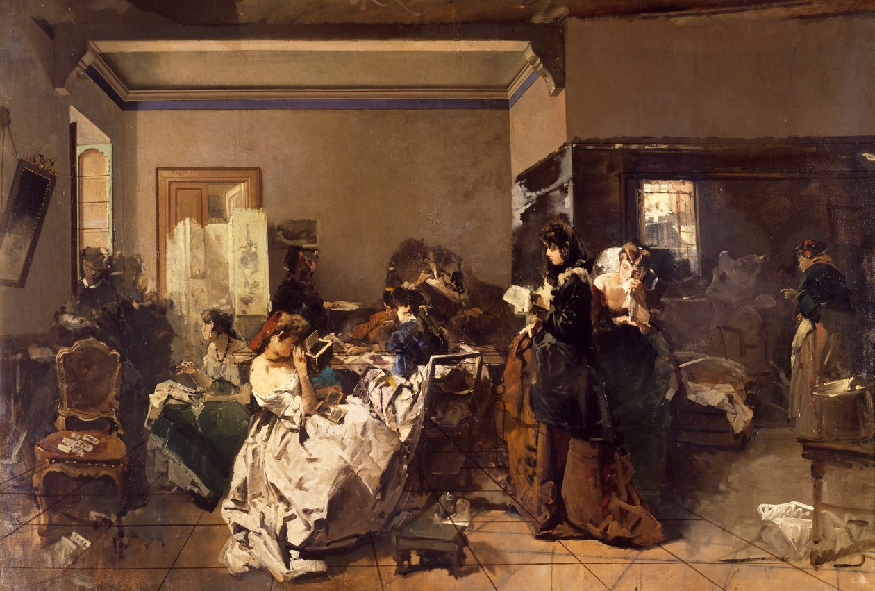 Skole for syersker, av Domenico Induno (1815-1878), olje på lerret av Domenico Induno