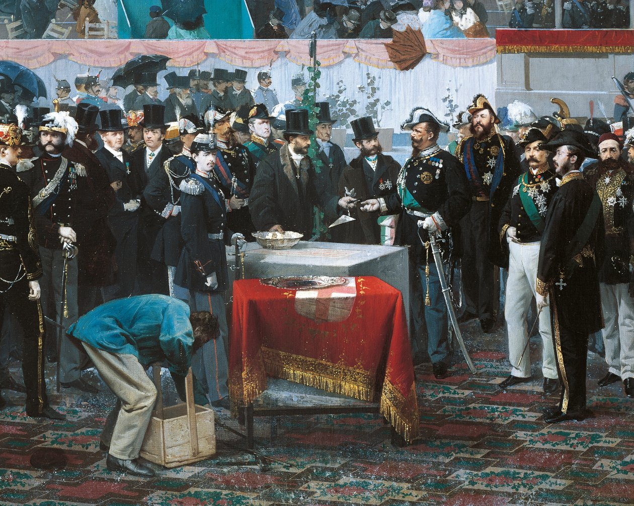 Nedleggingen av hjørnesteinen til Galleria Vittorio Emanuele i Milano, av Domenico Induno, detalj, olje på lerret av Domenico Induno