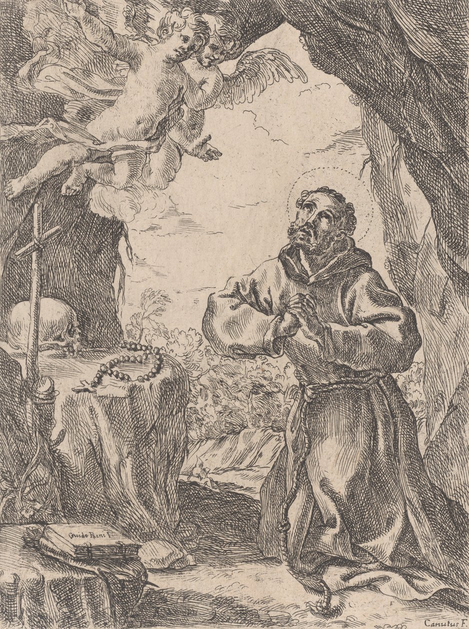Saint Francis of Assisi, knelende foran et krusifiks med to engler øverst til venstre, 1643-44. av Domenico Maria Canuti