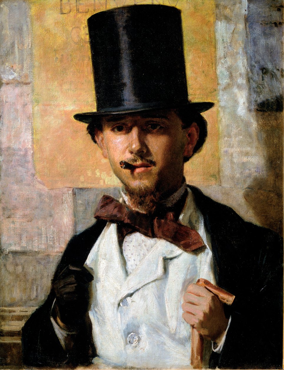 Portrett av den italienske maleren Bernardo Celentano (1835-1863) Elegant mann i topplue og dress, sløyfe, stokk og hanske. Maleri av Domenico Morelli (1826-1901) 1859 Søn. 67x52 cm Roma, Galleria Nazionale d