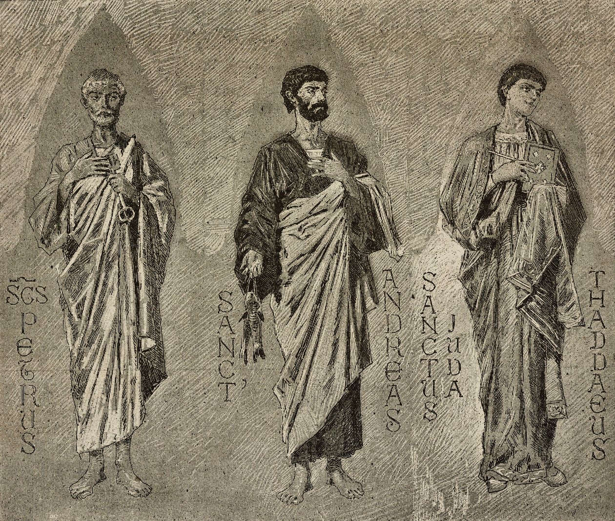 De hellige Peter, Andreas og apostelen Jude, tegneserier av Domenico Morelli for mosaikk i Amalfi-katedralen, Italia, Italia, tegning av P Scoppetta, gravering fra L