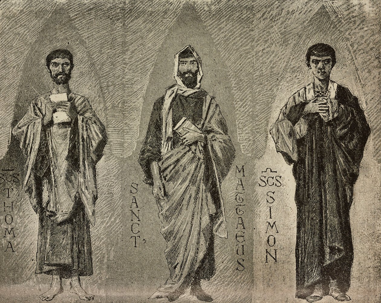 Saints Thomas, Mathew og Simon, tegneserier av Domenico Morelli for mosaikk i Amalfi-katedralen, Italia, tegning av P Scoppetta, gravering fra L'Illustrazione Italiana, nr. 42, 10. oktober av Domenico Morelli