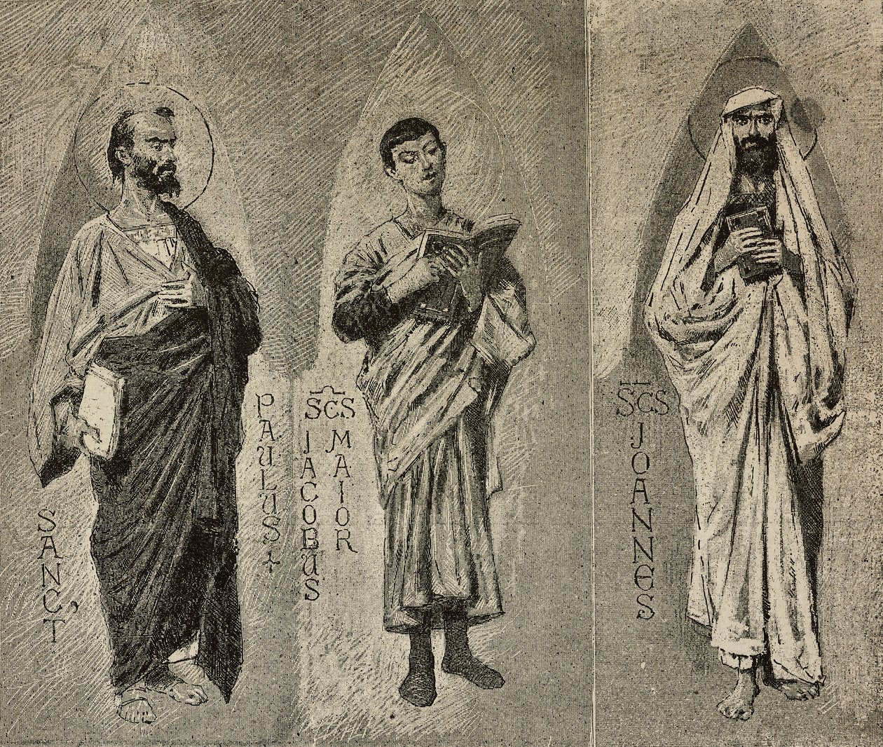 Sints Paul, James the Great og John, tegneserier av Domenico Morelli for mosaikken av Amalfi-katedralen, Italia, tegning av P Scoppetta, gravering fra L'Illustrazione Italiana, nr. 42, 10. oktober av Domenico Morelli