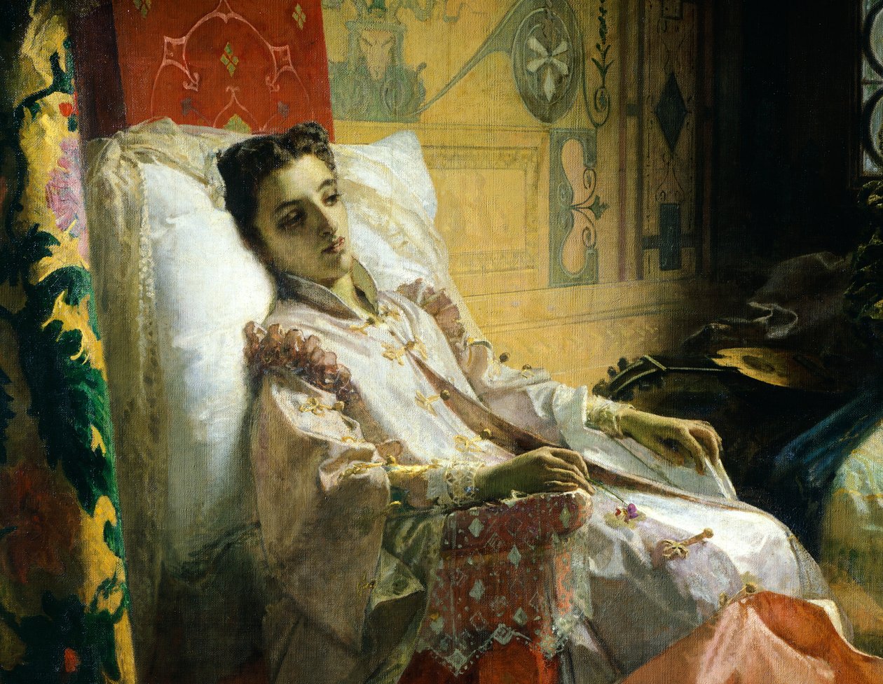 Torquato Tasso leser Liberated Jerusalem to Eleonora d'Este, av Domenico Morelli, detalj av Domenico Morelli