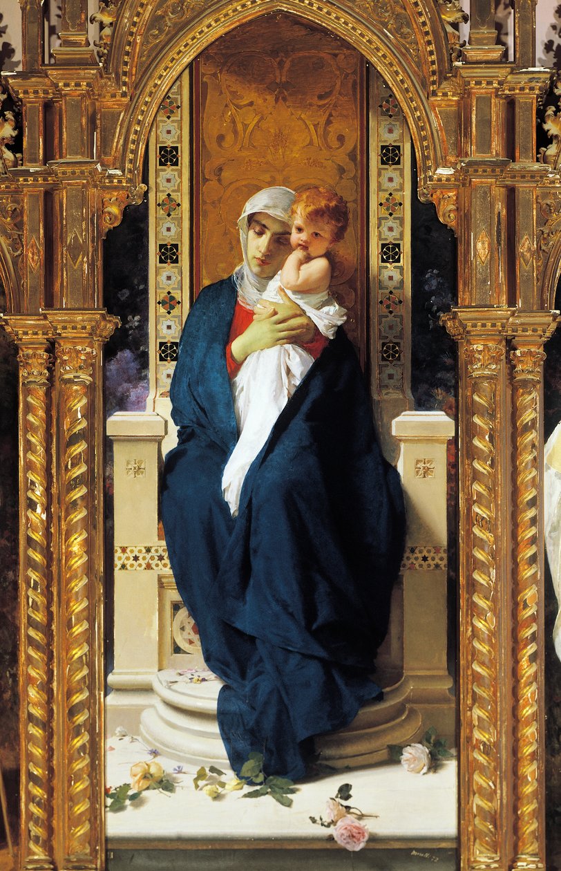 Tryptych of Madonna of Roses, av Domenico Morelli (1823-1901), Detalj, Saint Augustine-kapellet, Corigliano Calabro-slottet, Calabria, Italia av Domenico Morelli