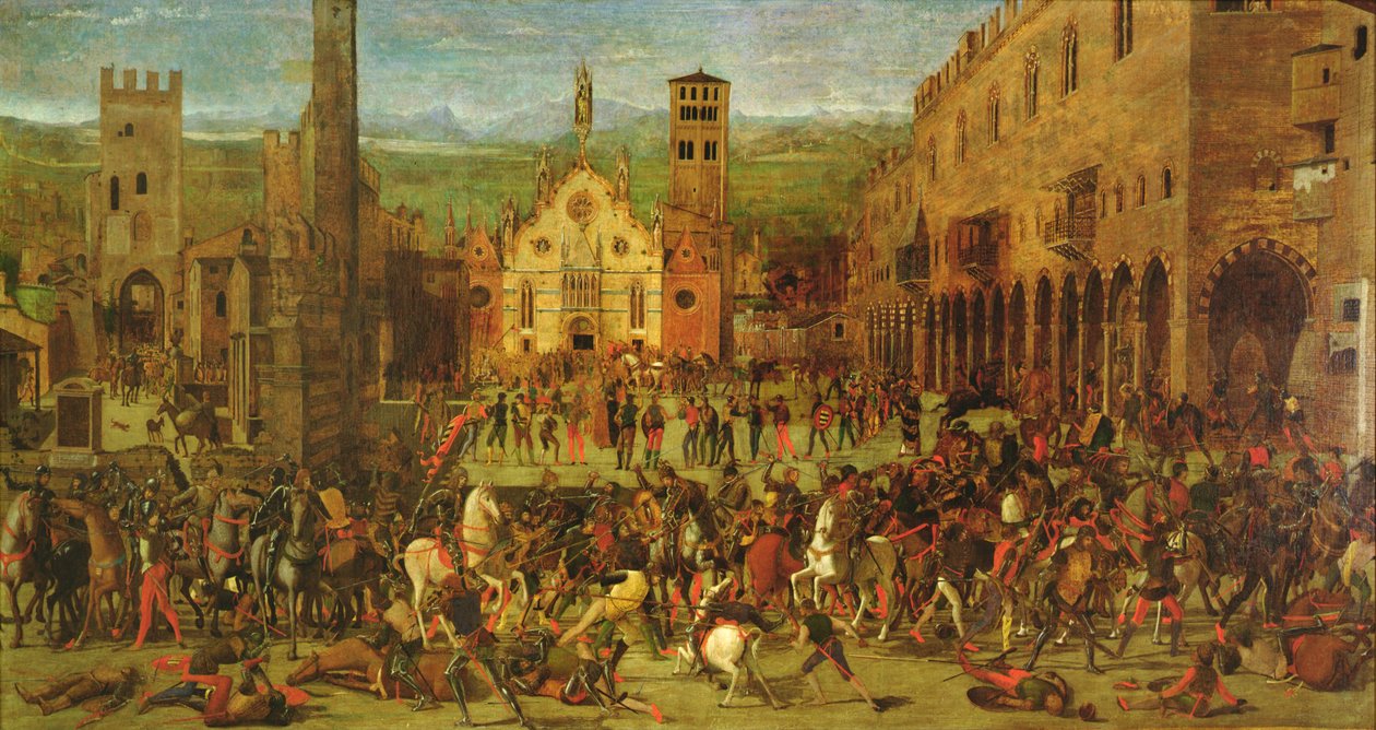 Utvisningen av Bonacolsi av Louis Gonzaga i 1328, på Piazza Sordello, Mantua av Domenico Morone