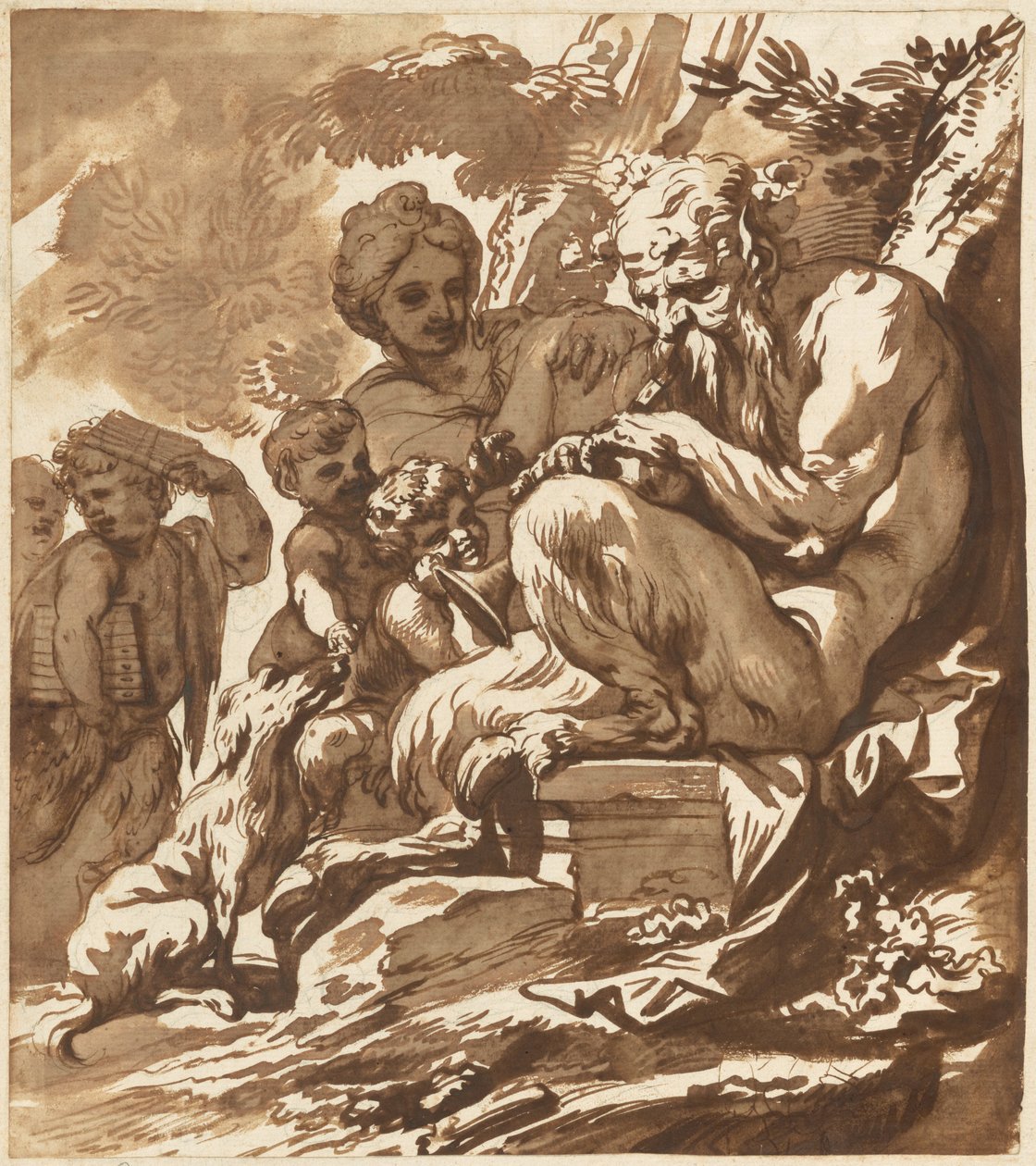 En Satyr som underholder sin familie av Domenico Piola