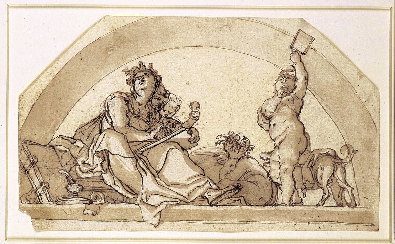 Poesi omgitt av barn i en lunette av Domenico Piola