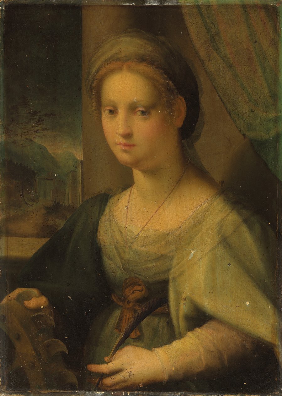 Portrett av en dame som Saint Catherine of Alexandria (olje på panel) av Domenico Puligo