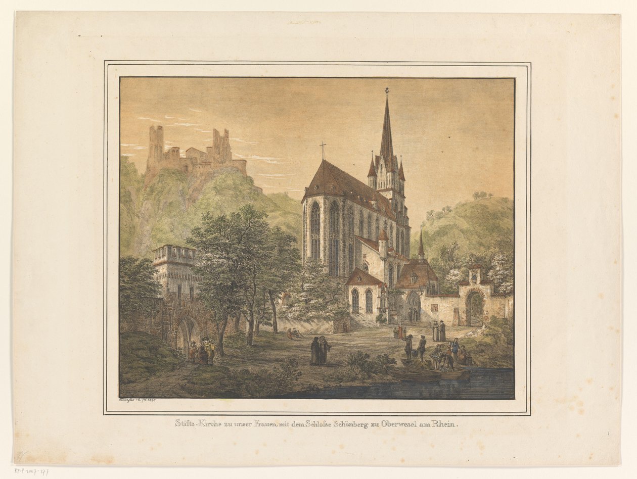 Se over de Kerk en het kasteel i Oberwesel Vår Frue kollegiale kirke, med Schönberg-slottet i Oberwesel am Rhein (tittel på objekt) av Domenico Quaglio (II)