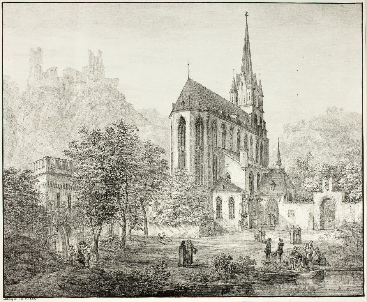 Collegiate Church of Our Lady, med Castle Schoenberg ved Oberwesel ved Rhinen av Domenico Quaglio
