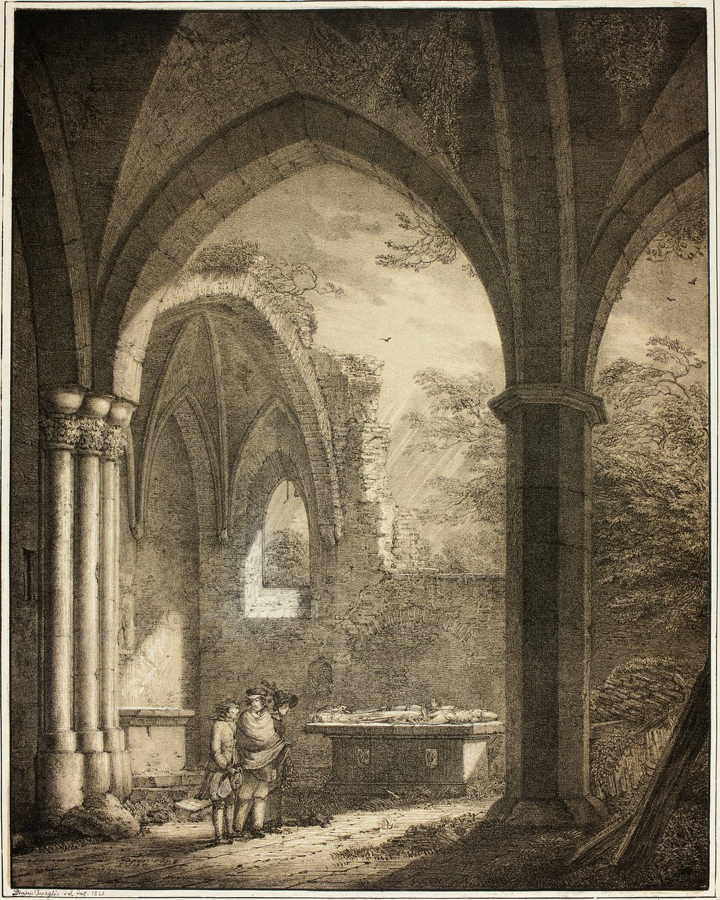 Ruin av Vår Frue kirke med gravsteinene til Genevieve og grev Palatine Siegfried i Moseldalen nær Andernach, fra samling av minneverdige middelalderbygninger i Tyskland av Domenico Quaglio