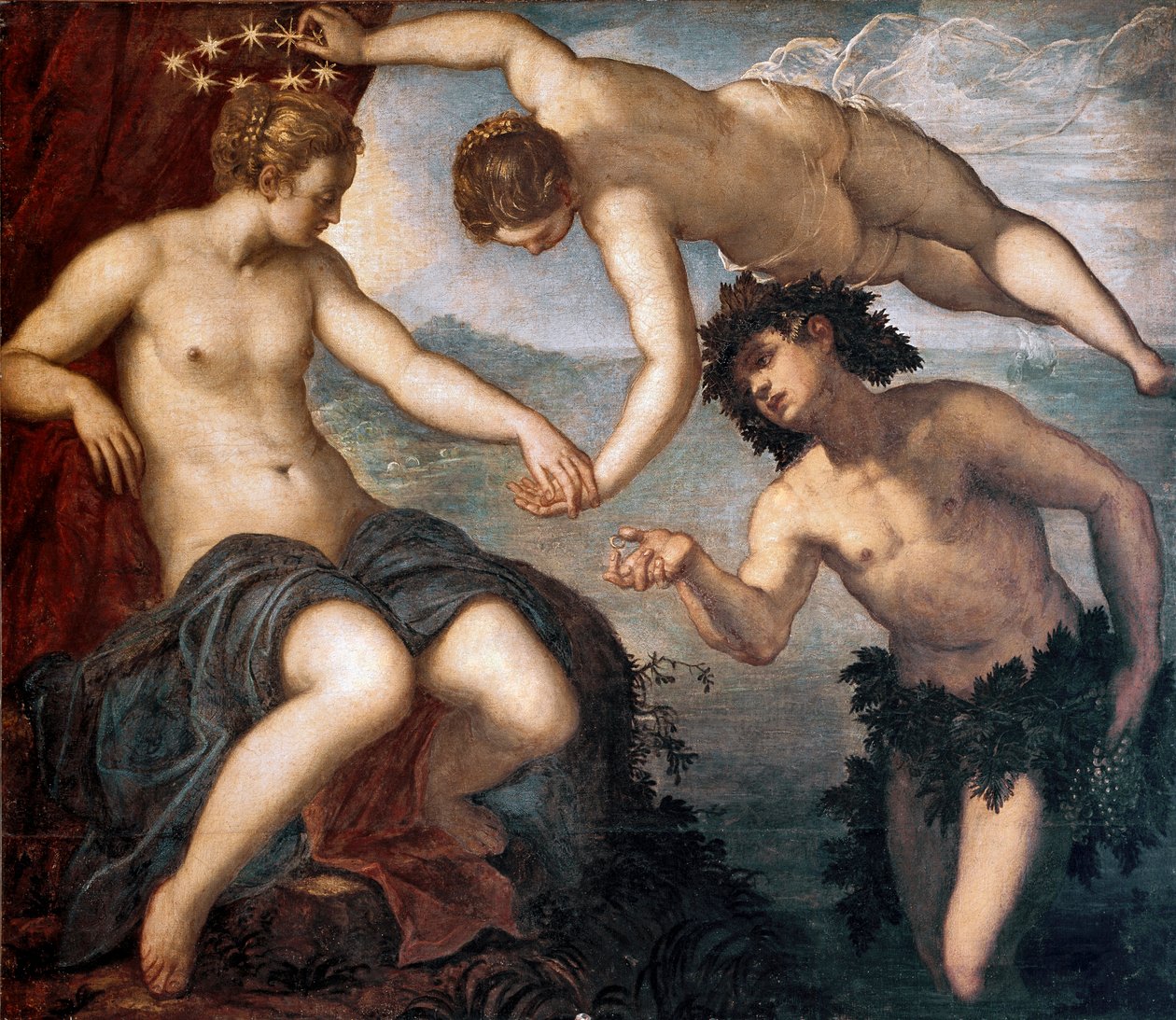 Bacchus, Venus og Ariane Maleri av Tintoretto eller Tintoret (Jacopo Robusti) (1518-1594) 1577-1580 Søn. 146x167 cm Flis av anticollege, Doges palass, Venezia av Domenico Robusti Tintoretto