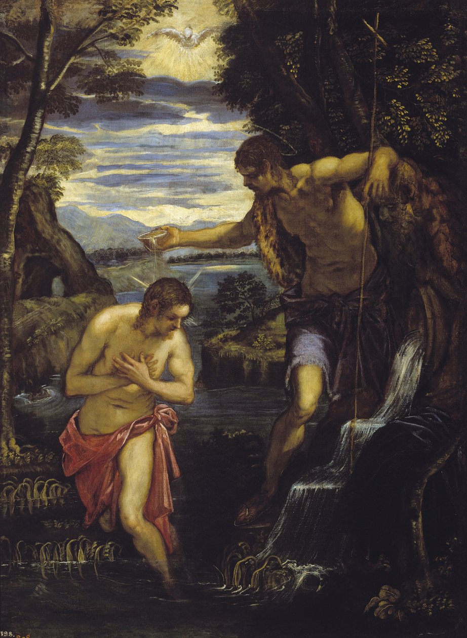 Bapteme du Christ - The Baptism of Christ - Tintoretto, Domenico (1560-1635) - ca 1585 - Olje på lerret - 137x105 - Museo del Prado, Madrid av Domenico Robusti Tintoretto