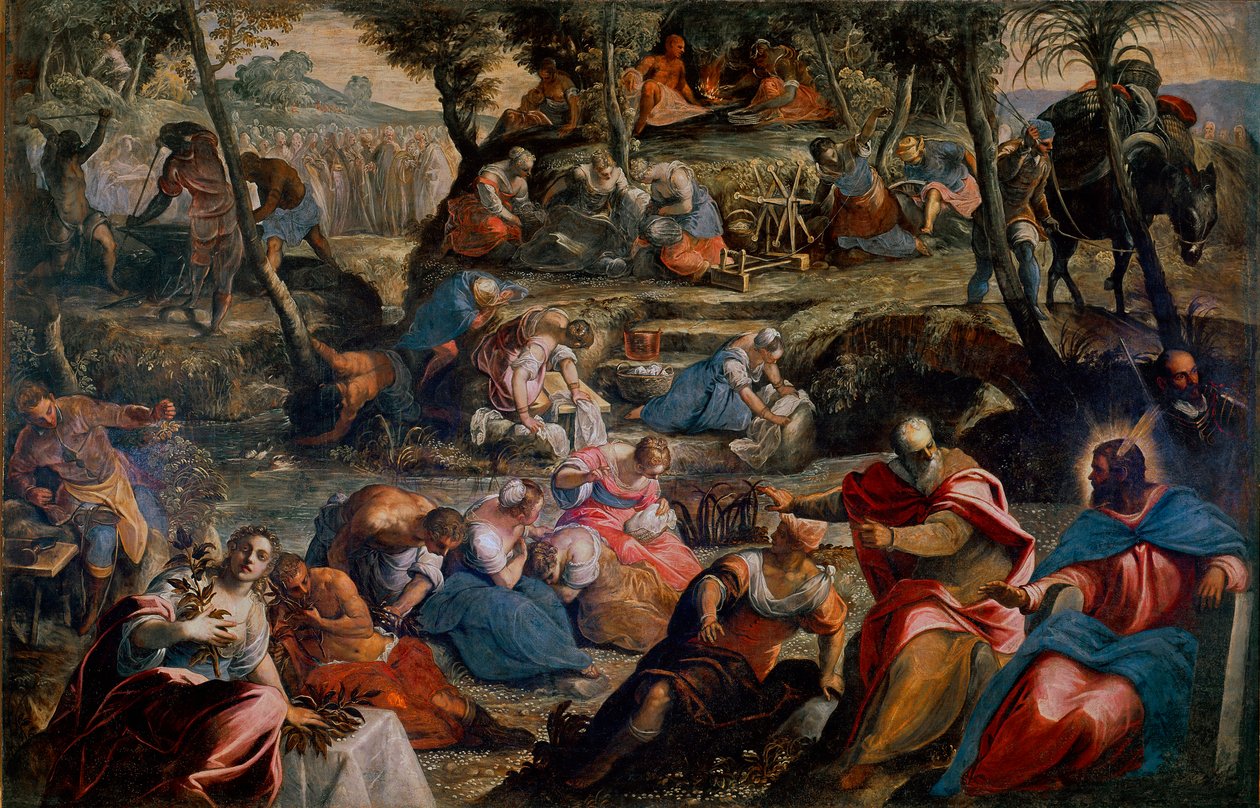 The Recolation of Manna (Jøder i ørkenen) Scene i Det gamle testamente: Gud mater israelitter som ville dø av sult etter vaktelegg og manna (Manna). Til høyre Aron og Moses. Maleri av Jacopo Robusti dit Tintoretto (Tintoret) (1518-1594) 1592 av Domenico Robusti Tintoretto