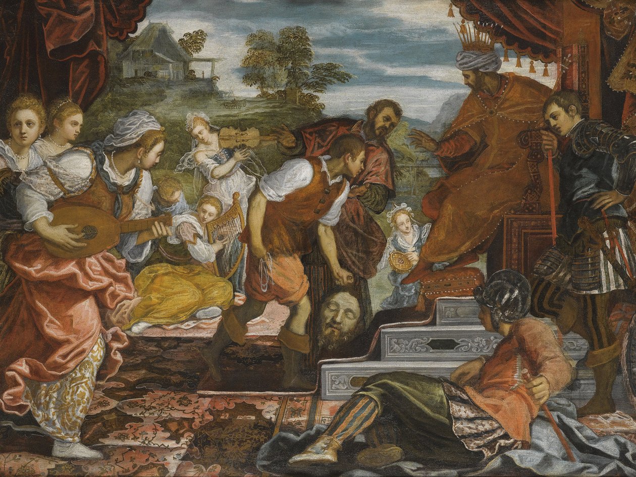 Davids triumf par Tintoretto, Domenico (1560-1635). Olje på lerret, størrelse: 96,8x131, , Privat samling av Domenico Robusti Tintoretto