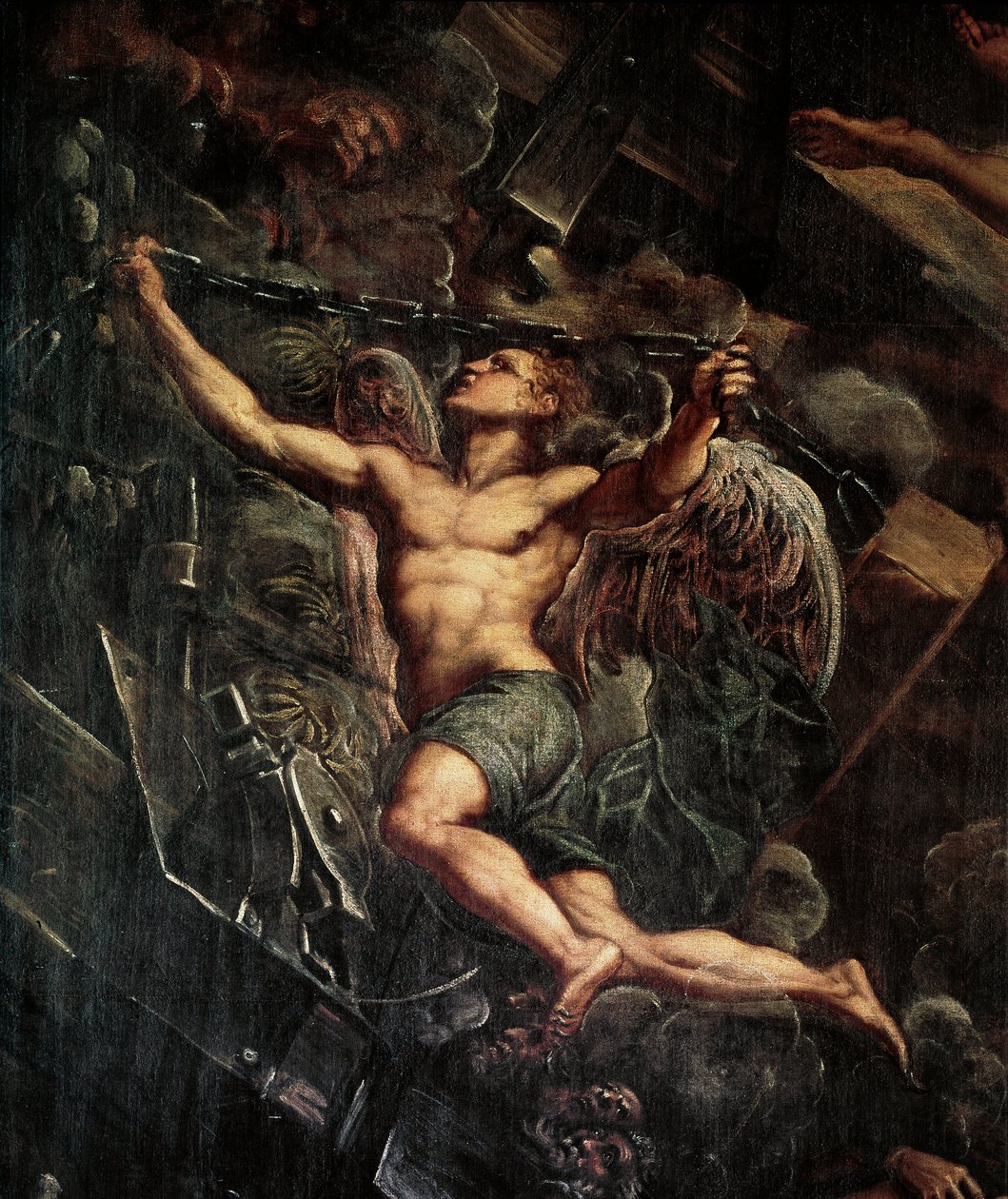 Nedstigningen av Jesus Kristus (Jesus Kristus) til limbo Detalj av en engel. Maleri av Jacopo Robusti detto il Tintoretto (Tintoret av Domenico Robusti Tintoretto