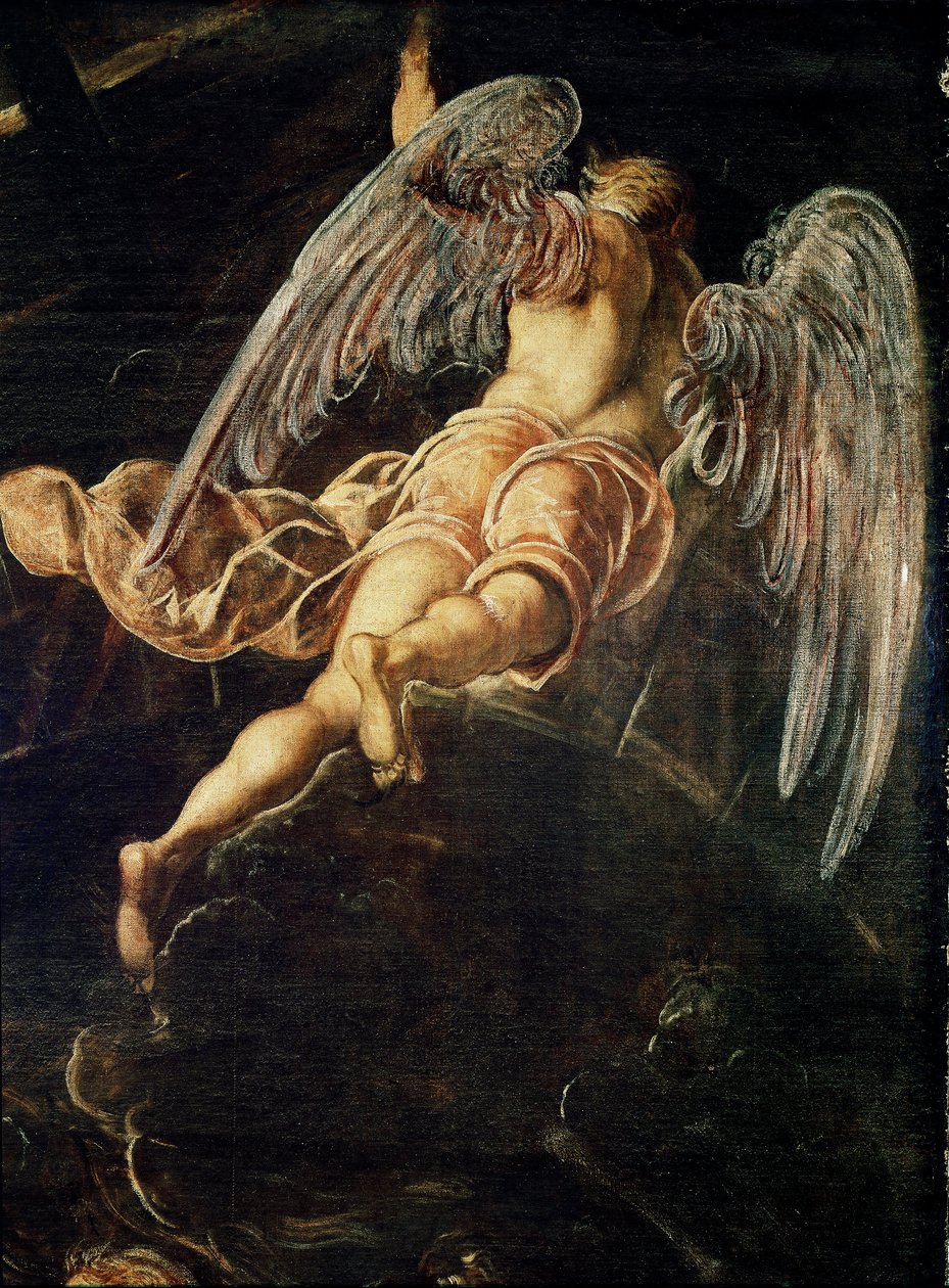 Jesu Kristi nedstigning til limbo Detalj av en engel. Maleri av Jacopo Robusti detto il Tintoretto (Tintoret av Domenico Robusti Tintoretto