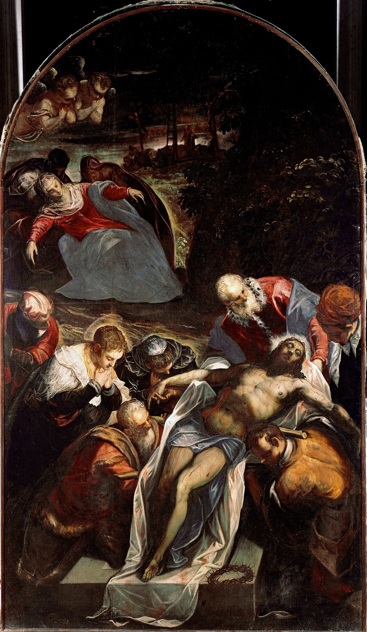 Graven Blant karakterene rundt Jesu Kristi legeme: Den hellige Nikodema, Josef av Arimatia, den hellige Johannes, Jomfru Maria og den hellige Johannes. Maleri av Jacopo Robusti kalt Tintoret (Tintoretto) (1518-1594) 1593-1594 Søn. 288x166 cm Venezia, C av Domenico Robusti Tintoretto
