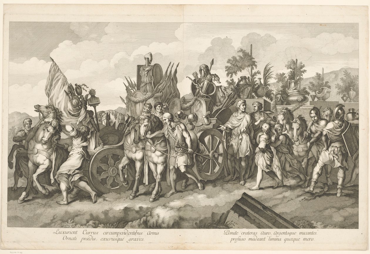 Militær prosesjon med krigsbytte på vogn Triumf av Alexander den store i Babylon (serietittel) av Domenico Rossetti