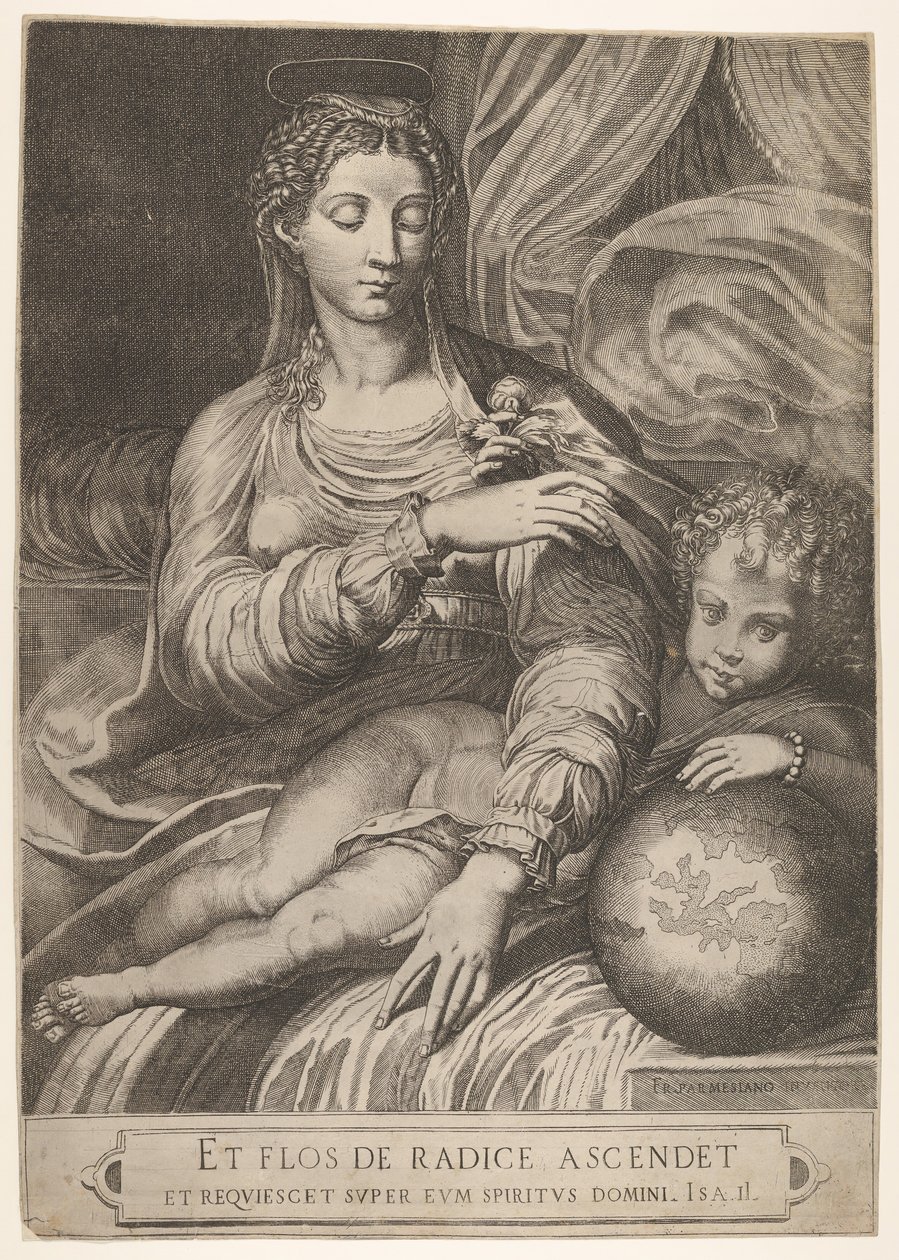 Madonna of the Rose, hun strekker seg etter en rose holdt av Kristusbarnet, som hviler sin venstre..., 1560-75. av Domenico Tibaldi