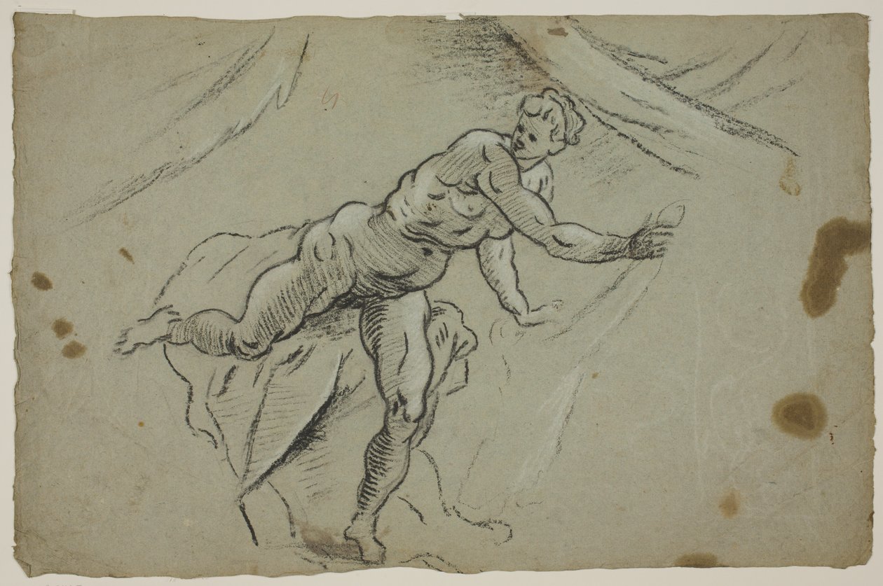 Naken kvinne med et tøystykke i hendene forlater raskt et telt av Domenico Tintoretto