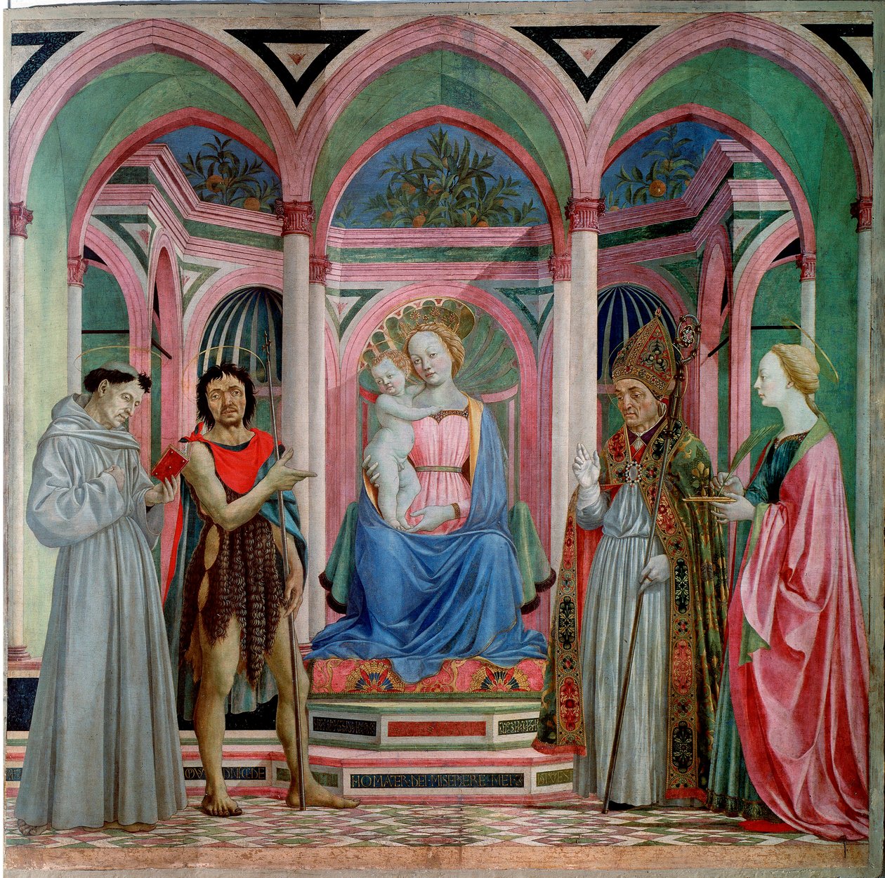 Altertavle av Santa Lucia dei Magnoli: Madonna og barn med Saint Lucia, Saint Francois, Johannes døperen og Saint Zanobi (Zenobie) Detrempe på tre av Domenico Veneziano (Domenico di Bartolomeo) (begynnelsen av 1400-tallet-1461) 1455 ca. Sol. 209 x 213 c av Domenico Veneziano