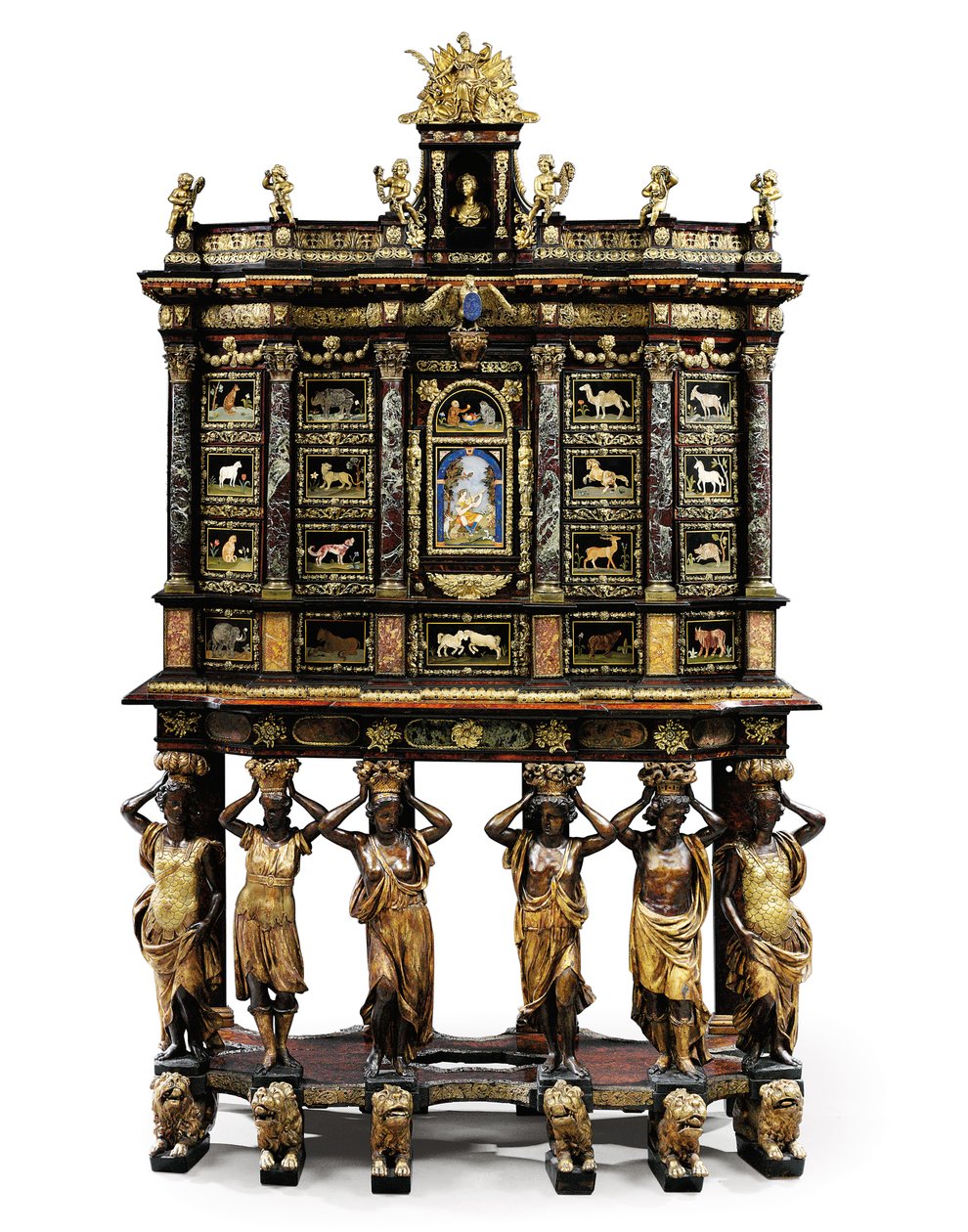 Louis XIV skap-på-stand (forgylt bronse, pietra dura, skilpaddeskall, ask, ebonisert og pakkeforgylt) (se også 1766356-7) av Domenico and Gobelins workshop (attr. to) Cucci