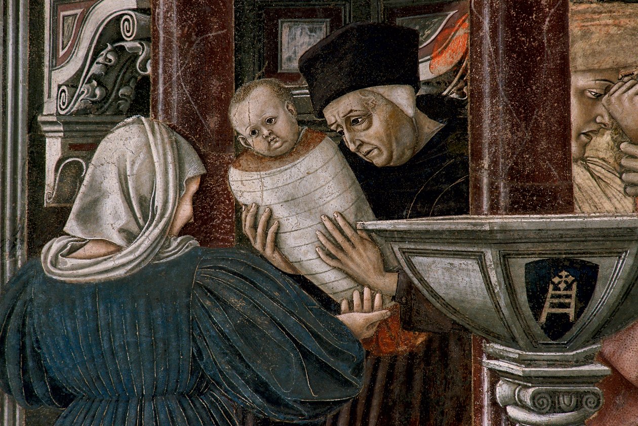 Sykehusets historie: "" Utsikt over barnehjemmet Santa Maria della scala i Siena "" ekteskapet til en ung foreldreløs. Detalj som representerer forlatelsen av det foreldreløse barnet ved fødselen. Fresco av Domenico di Bartolo (1400/1404-1445/47) i Pilgrim av Domenico di Bartolo