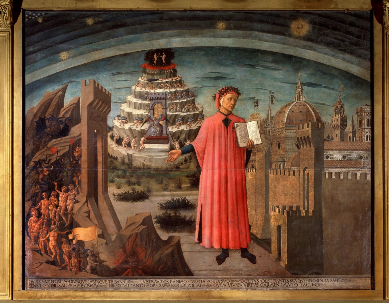 Dante Alighieri og hans komedie. Portrett av leietaker Dante ved den viktigste guddommelige komedien av Domenico di Michelino