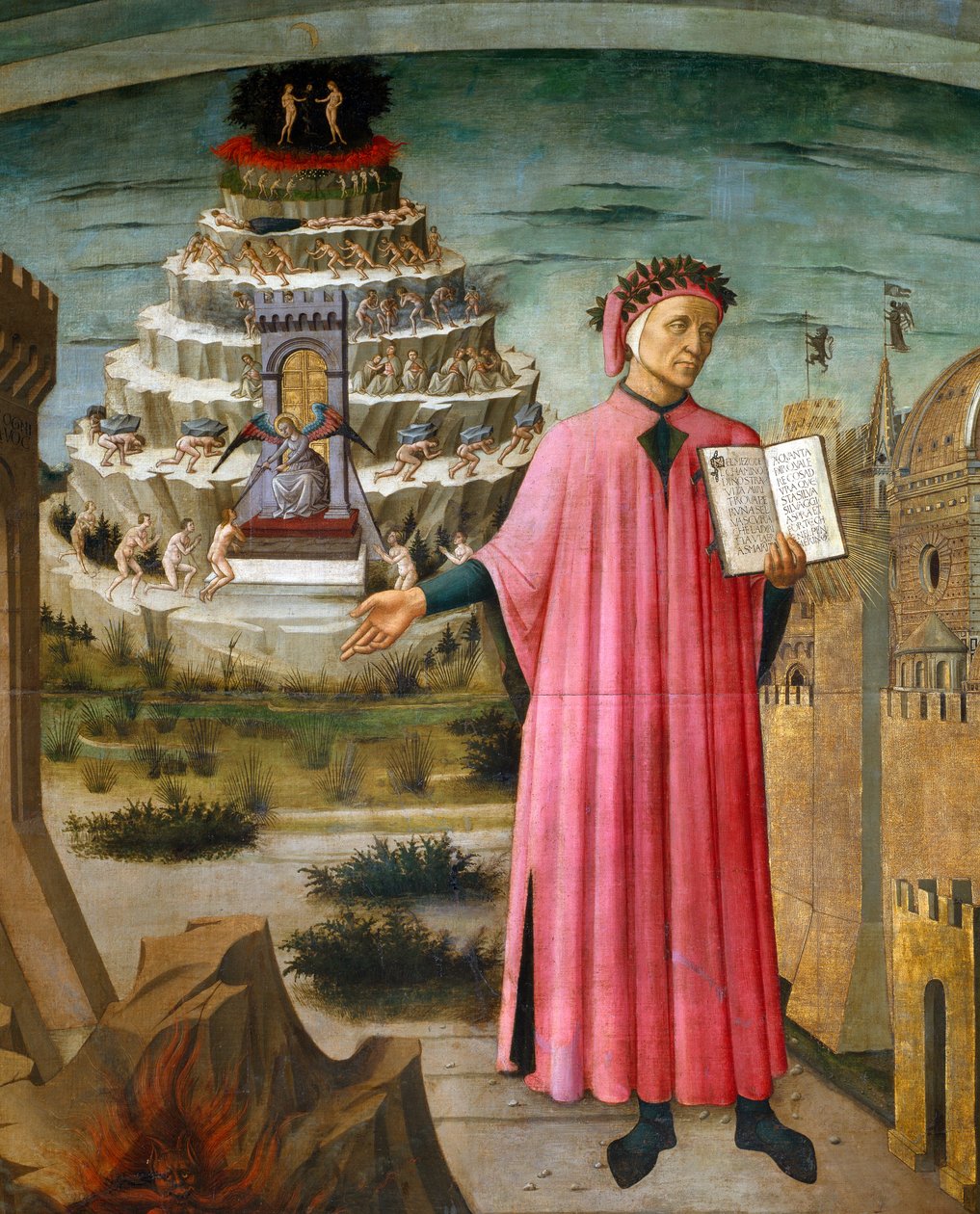 Dante Alighieri holder diktet sitt Den guddommelige komedie. I nærheten av ham, helvete, og byen Firenze, i bakgrunnen skjærsilden og paradiset av Domenico di Michelino