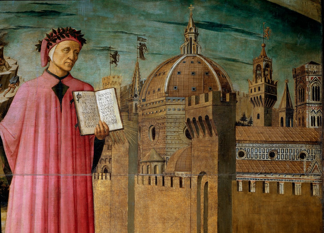 Dante Alighieri presenterer sitt verk The Divine Comedy. Detalj av poeten og kuppelen til Santa Maria del Fiore, Firenze av Domenico di Michelino