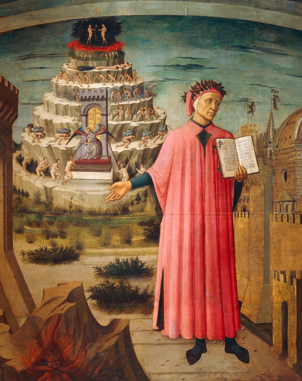 Dante Alighieri med guddommelig komedie i hånden og fjell av skjærsilden i bakgrunnen, detalj fra guddommelig komedie, av Dante Alighieri (1265-1321), av Domenico di Michelino (1417-1491), freskomaleri, Basilica of Saint Mary of Flower, Firenze. Italia, 14 av Domenico di Michelino