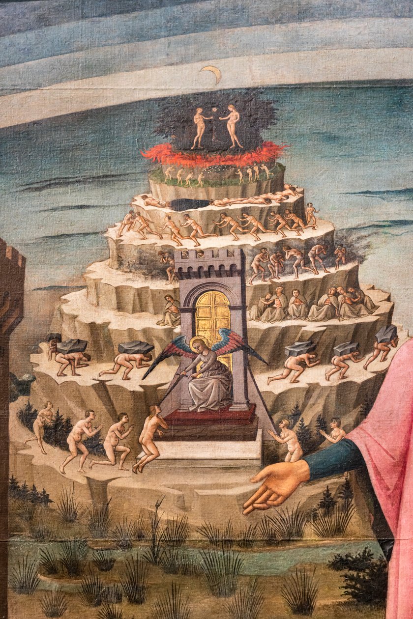 Dante Alighieris guddommelige komedie, detalj av Purgatory Hill av Domenico di Michelino