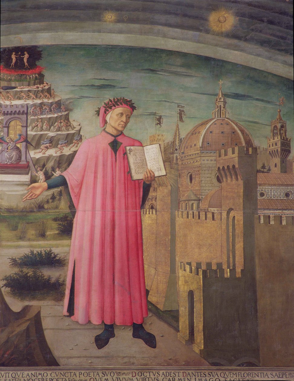 Dante leser fra Divine Comedy-tempera på paneldetalj av 42355 av Domenico di Michelino